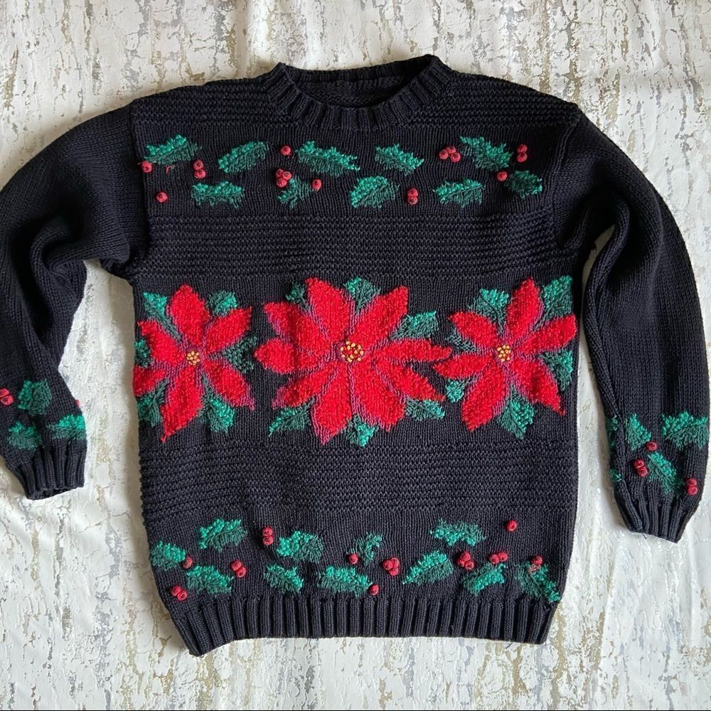 Vintage Knitted Poinsettia Pom Pom Holiday Sweater